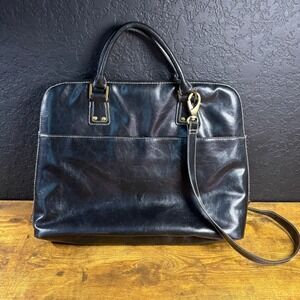 Worthington Black Leather Laptop Briefcase Messenger Bag Office Work Tote